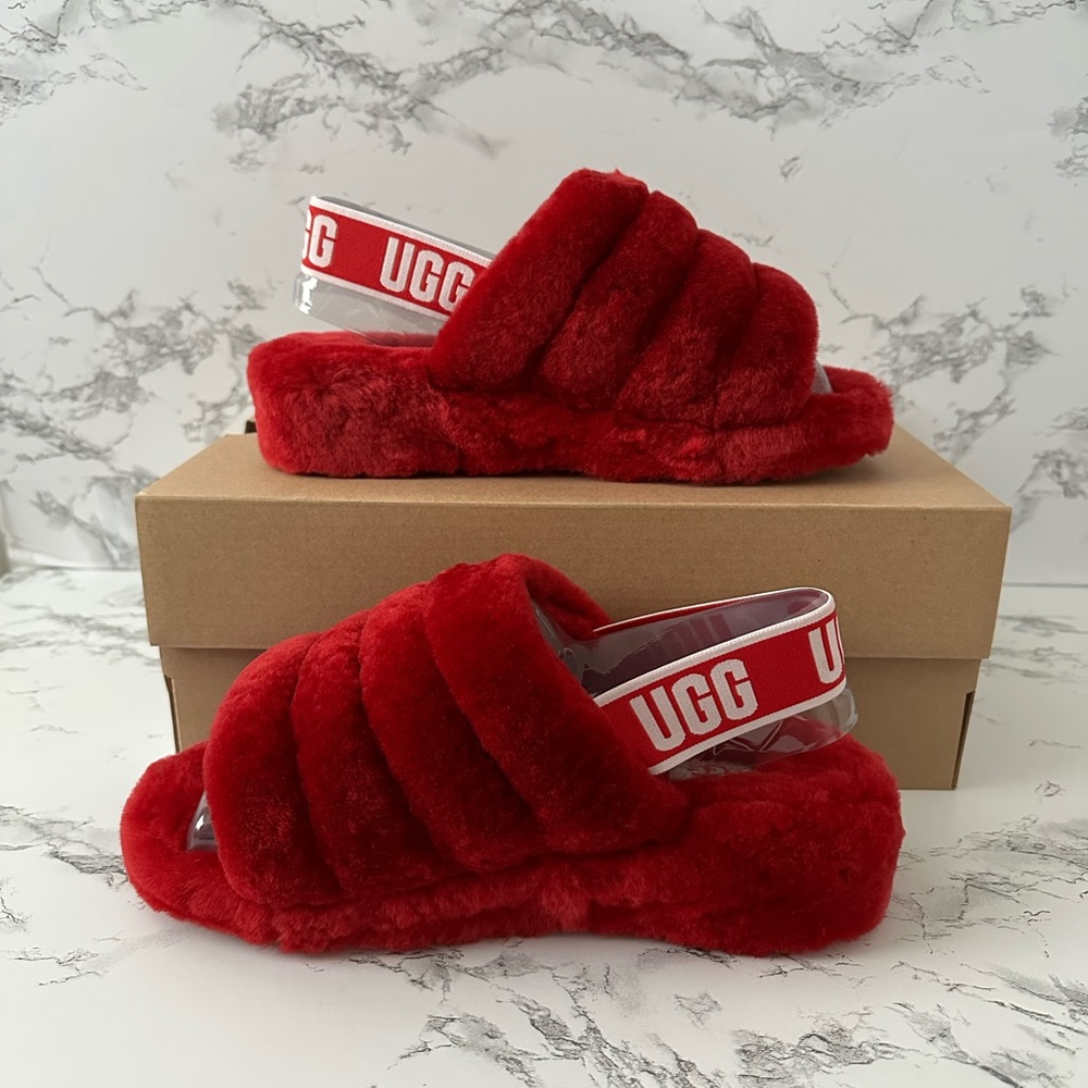 UGG Fluff Yeah Red Slingback Slippers Slides - Picture 2 of 8